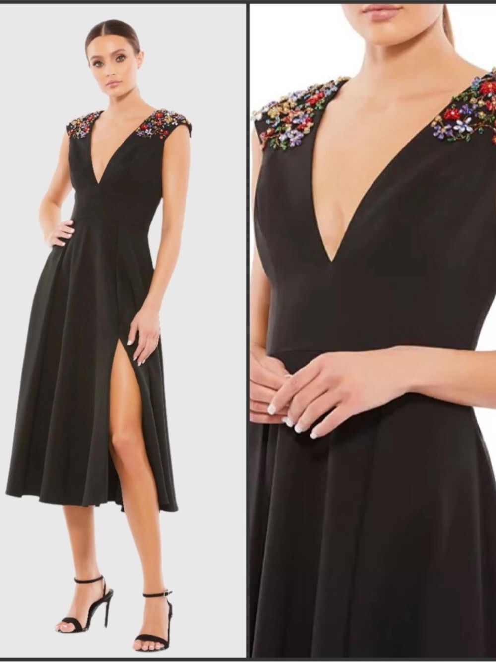 NWT Mac Duggal 70214 Black Beaded Cap Sleeve A Line Midi Dress Size 6